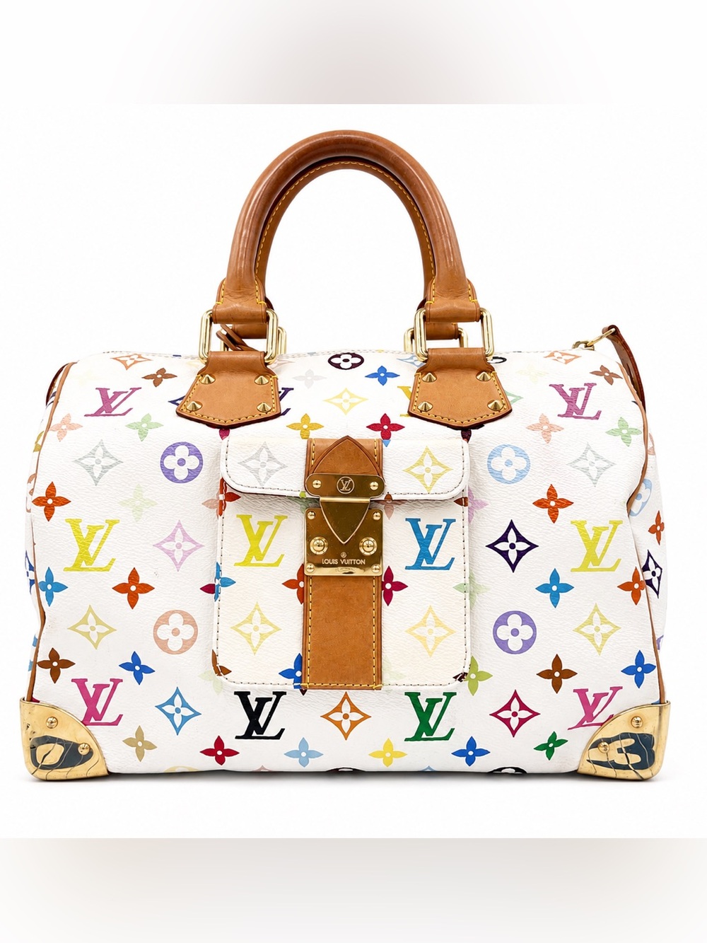 Louis Vuitton White Multicolor Monogram Satchel with Tan Trim